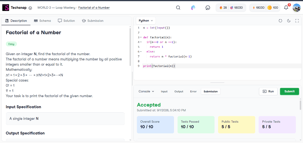 Screenshot: the in-browser code editor mid-solve with an Accepted result