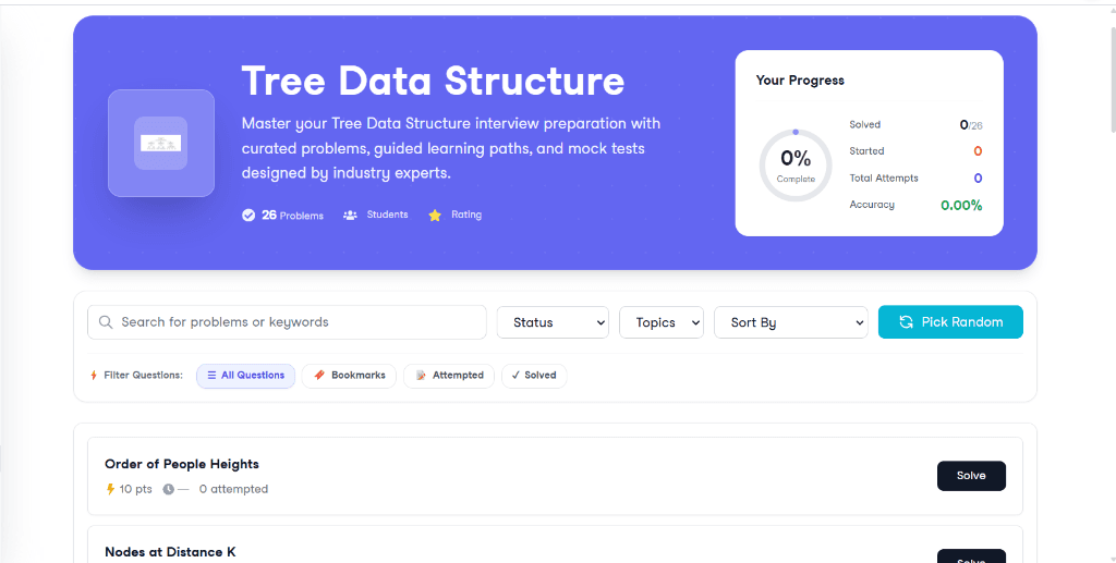 Screenshot: Guided tracks practice view in Techsnap Interview Prep